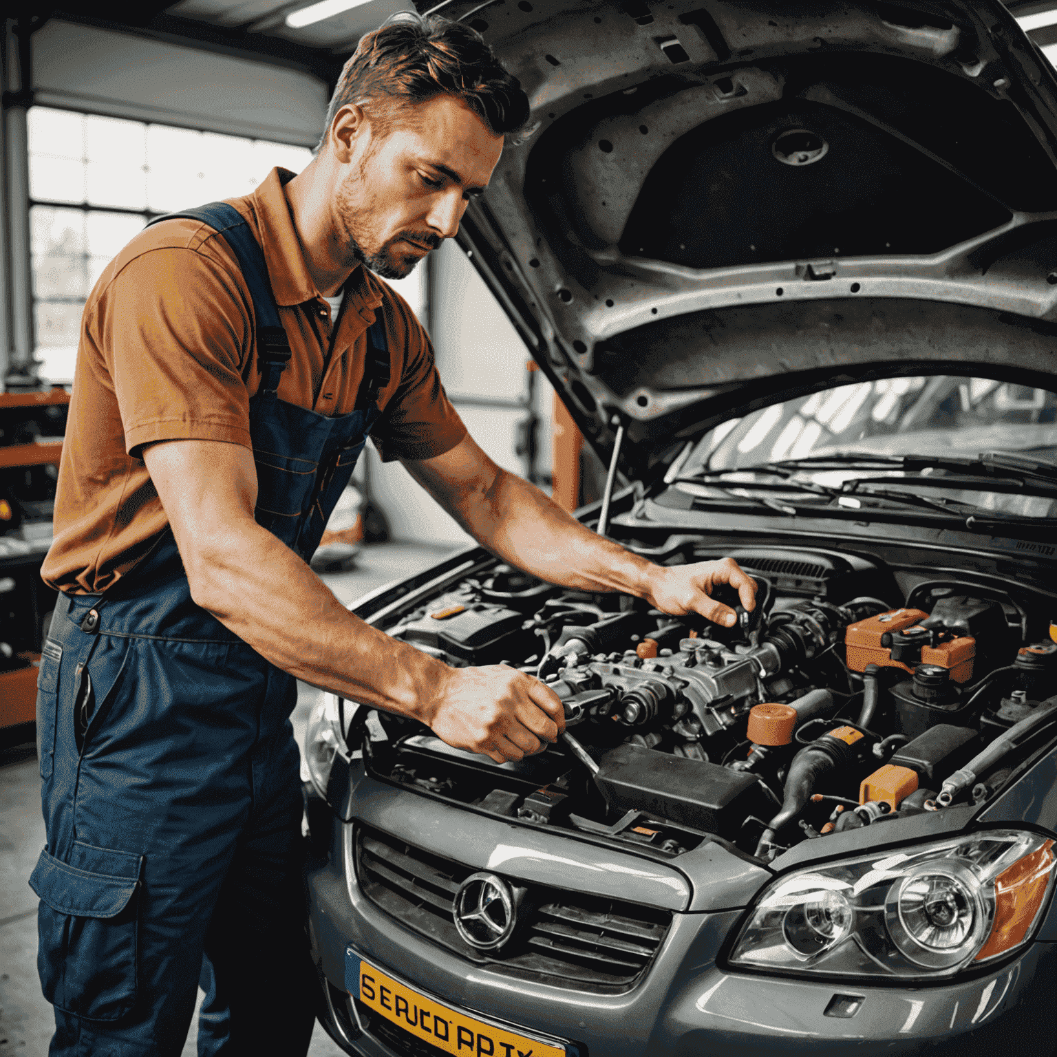 Een monteur die een auto-onderhoud uitvoert, met focus op de motor en verschillende gereedschappen