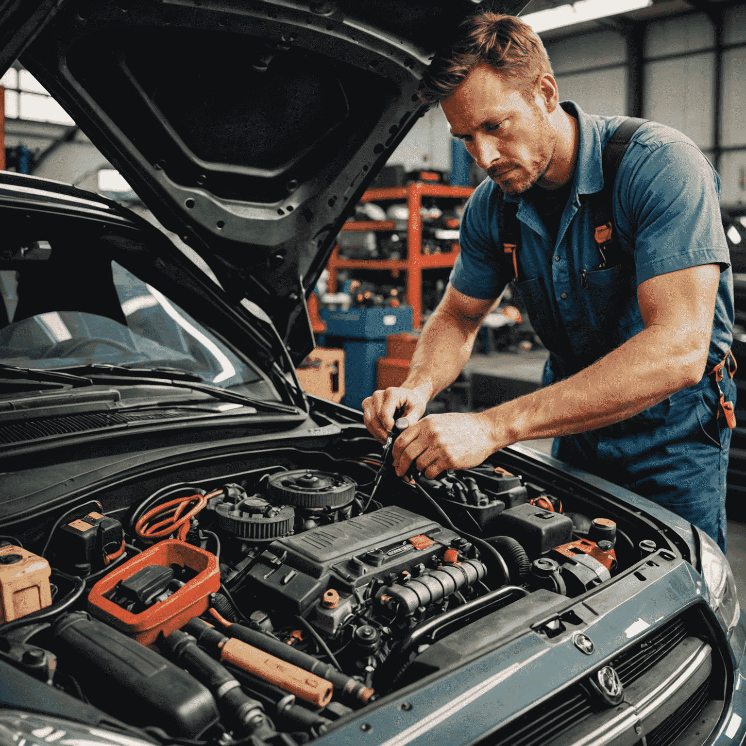 Een monteur die onder de motorkap van een auto werkt, met verschillende onderhoudsinstrumenten zichtbaar